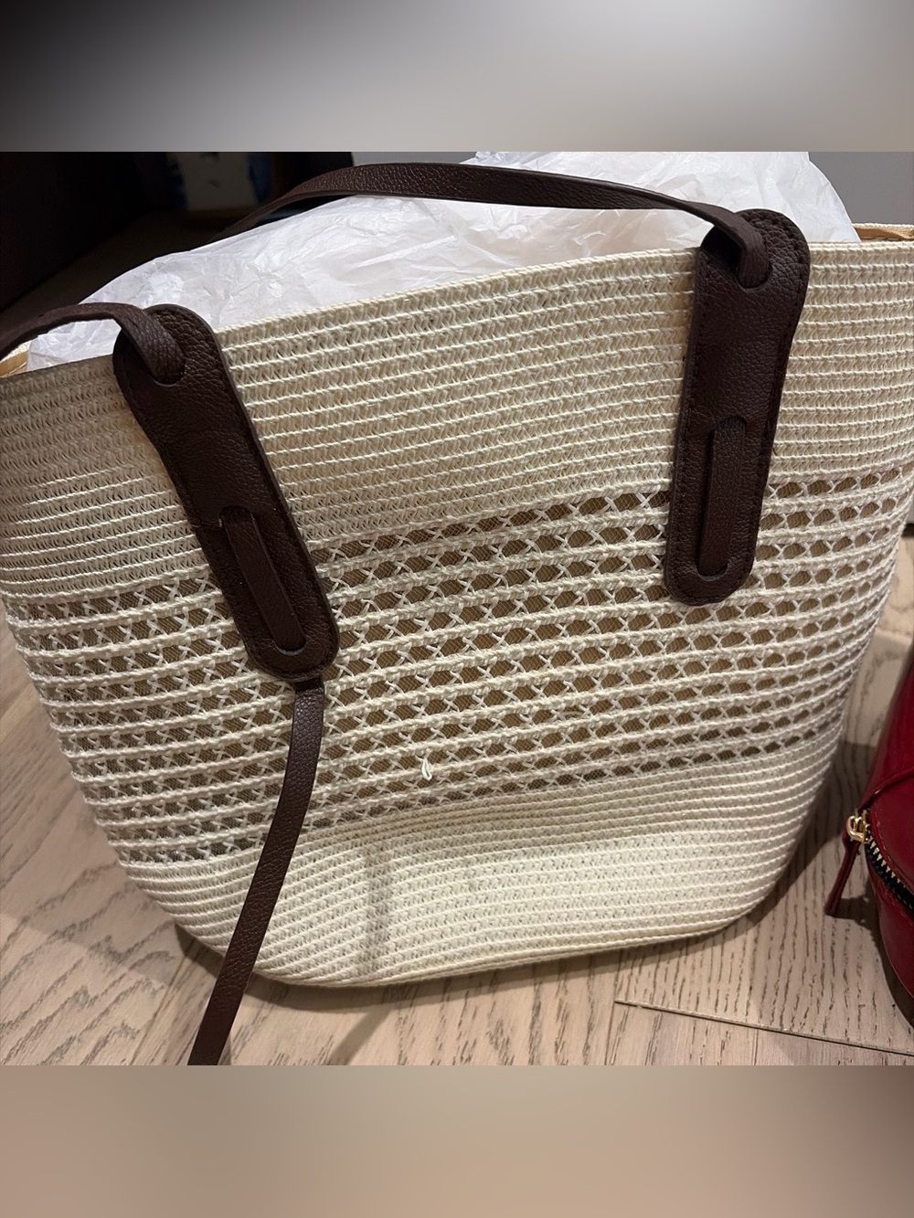 Korean Brand Woven Straw Tote Bag with Brown Leather Handles - Cream